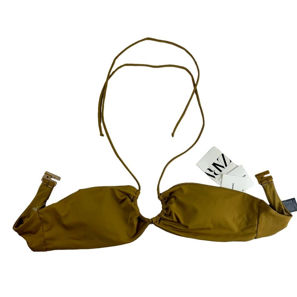 Zara Inverted Bikini Top Sz XL Gold Adjustable Halter Tie Stretch New With Tags